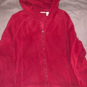 Kim Rogers red fleece hoodie
